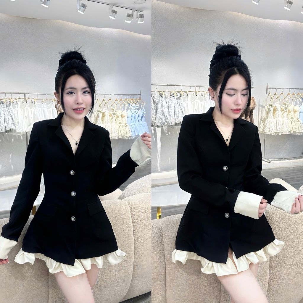 Đầm sơ mi dài tay phối bèo nút đá (J04)