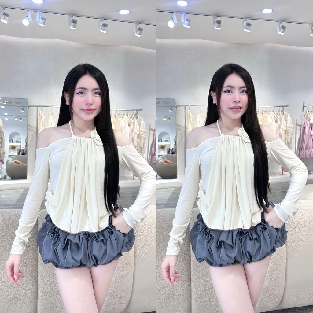 Áo ladong tay dài cổ yếm phối hoa(H03)