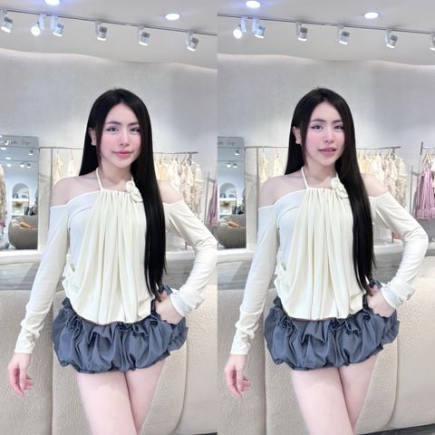 Áo ladong tay dài cổ yếm phối hoa(H03)