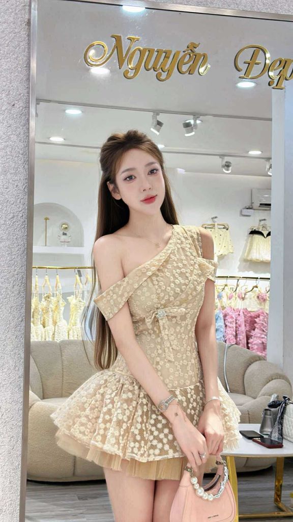 Đầm ren hoạ tiết hoa from bồng kiểu rớt vai (K03)