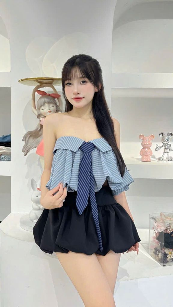 Áo cup bí sọc xanh kèm cavat (f46)