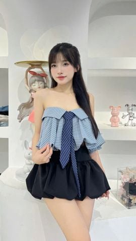 Áo cup bí sọc xanh kèm cavat (f46)