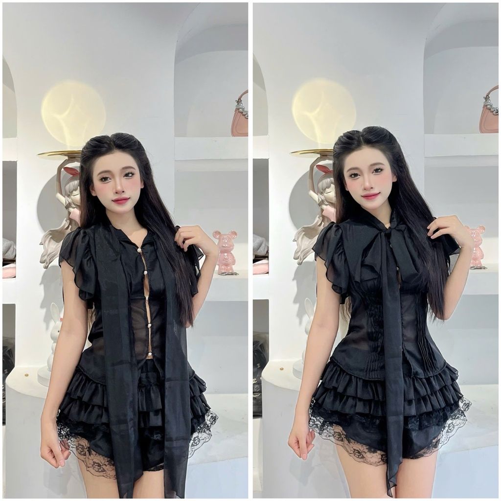 set áo tay bèo viền eo phối cúc (f51)