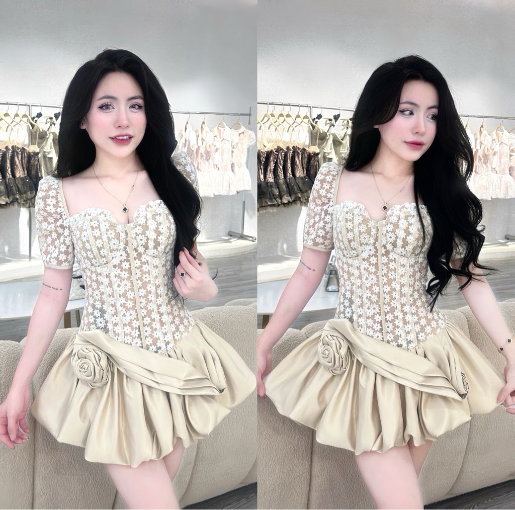 Đầm bí tay phồng hoạ tiết tùng tackta (K02)