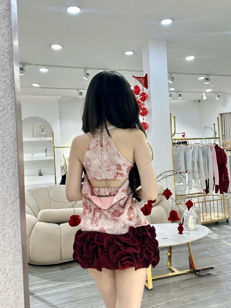 Set áo yếm cổ đổ phối chân váy bèo tầng (P42)