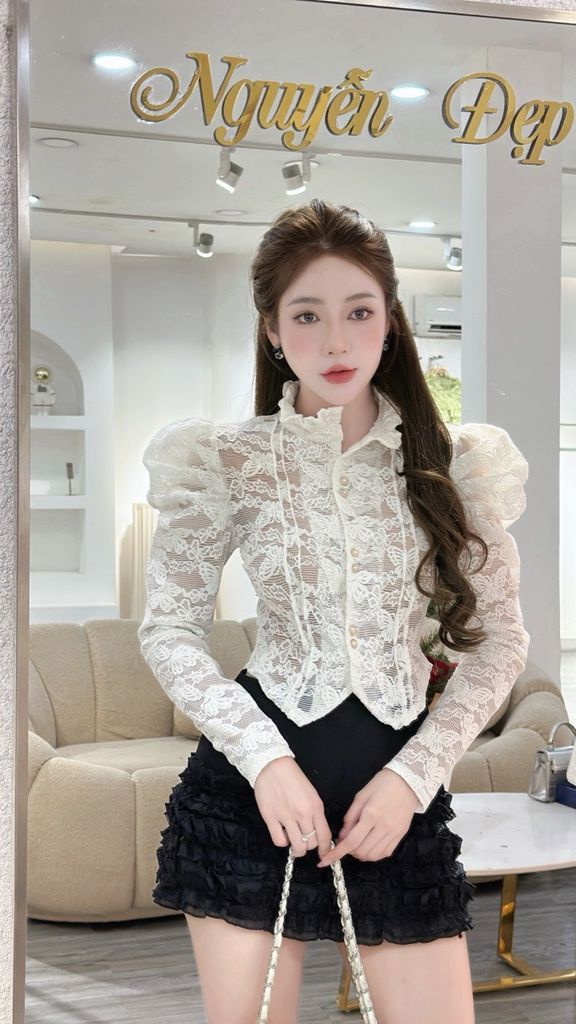Áo ren hoa nổi dáng chiết eo tay phồng tiểu thư (L22)