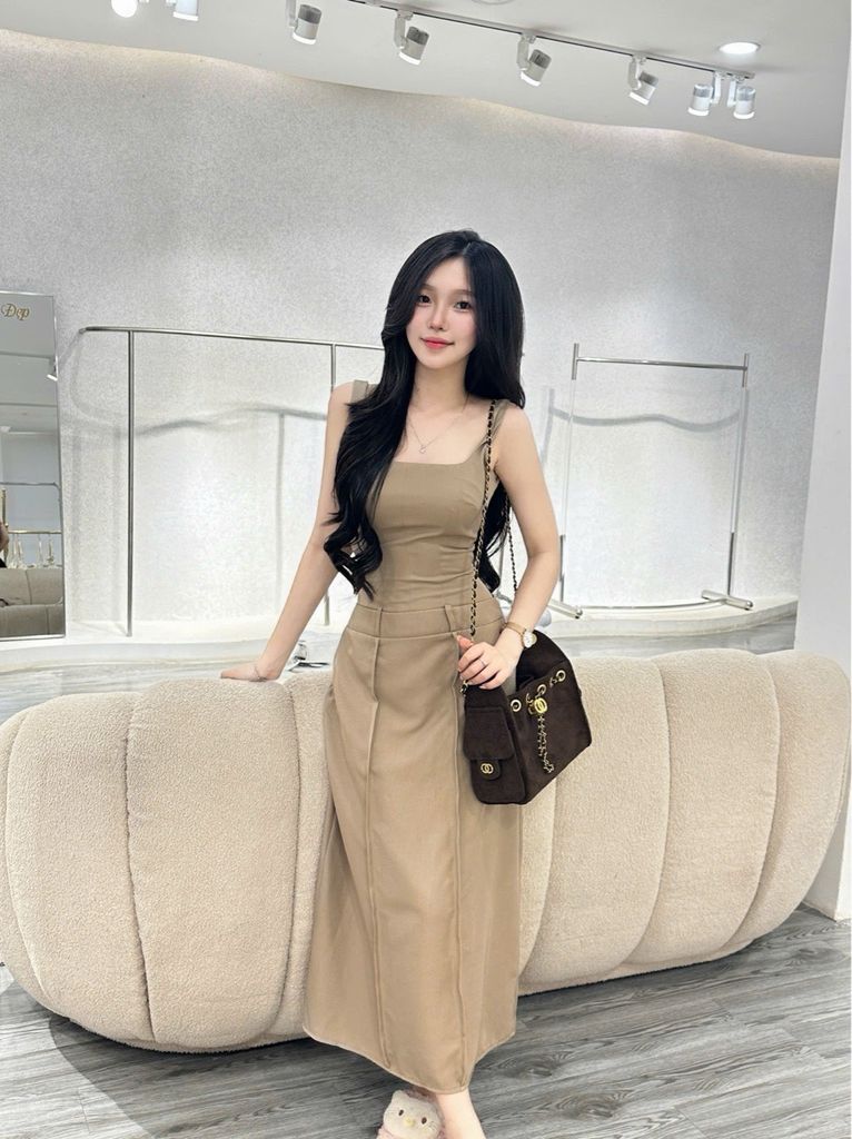 Đầm 2s dáng dài phối khoác ngắn & cavat