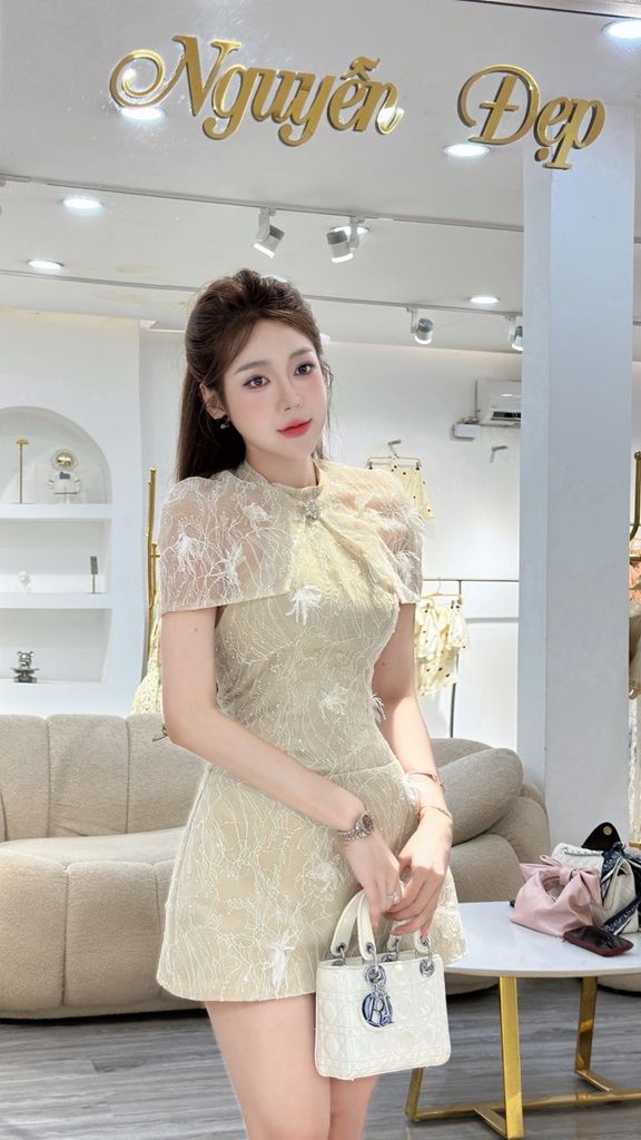 Đầm yếm ren hoạ tiết ren kim sa phối choàng (K48)