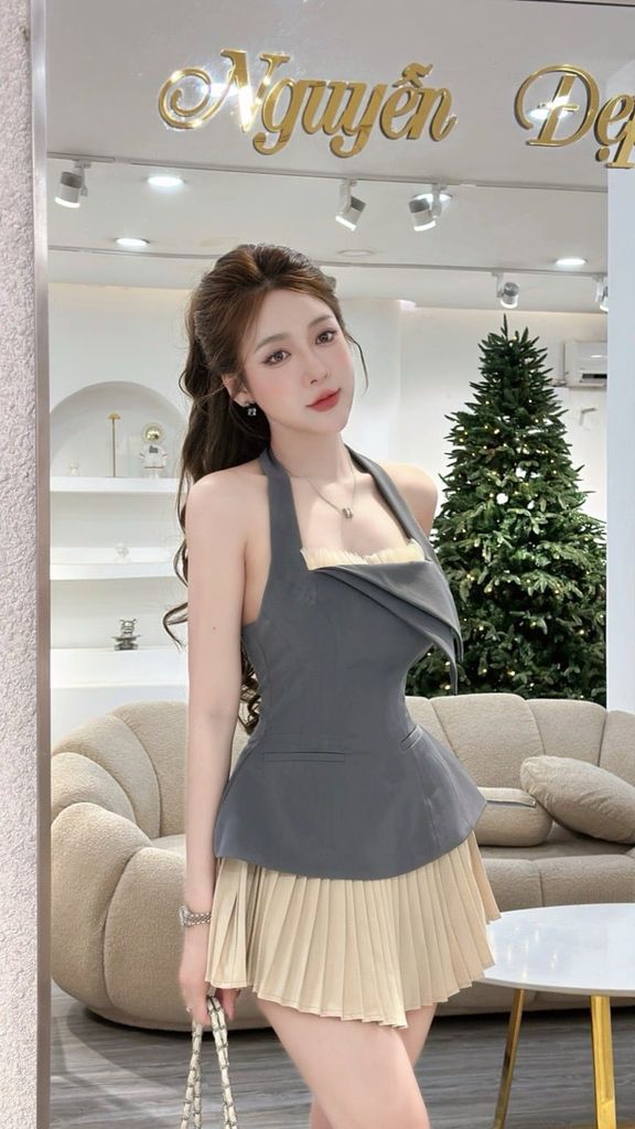 Set áo yếm viền lưới phối cv dập li (O06)