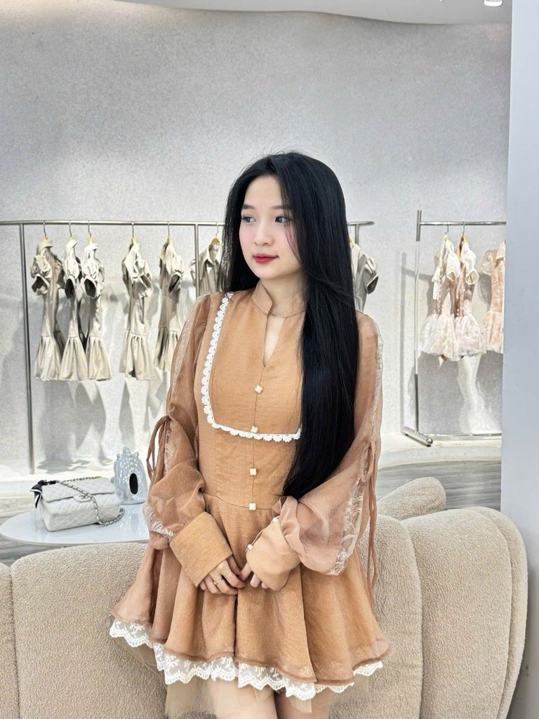 Đầm cổ trụ phối ren tay voan dáng xoè tiểu thư (K60)