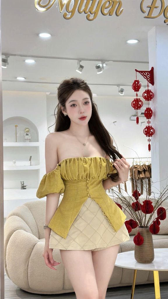 Set Áo Bẹt Vai Vải Linen Cài Nút – Chân Váy from A (P02)