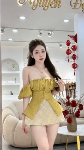 Set Áo Bẹt Vai Vải Linen Cài Nút – Chân Váy from A (P02)