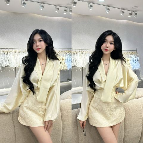 Set áo lụa đắp chéo tay bồng phối chân váy ren hoa (J15)