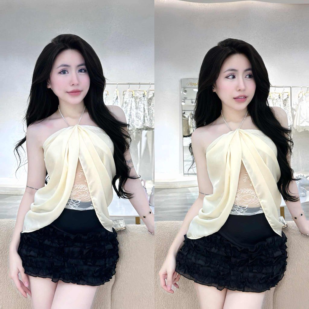 Áo lụa dây đá phối quây ren hoạ tiết ( J38 )