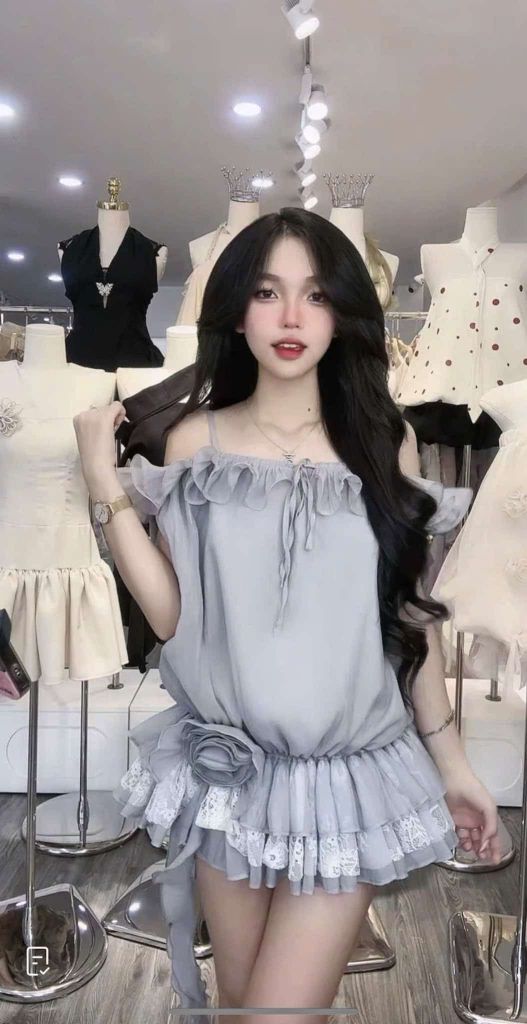 Đầm bẹt vai voan phối chun eo dáng xờ đính hoa (G32)