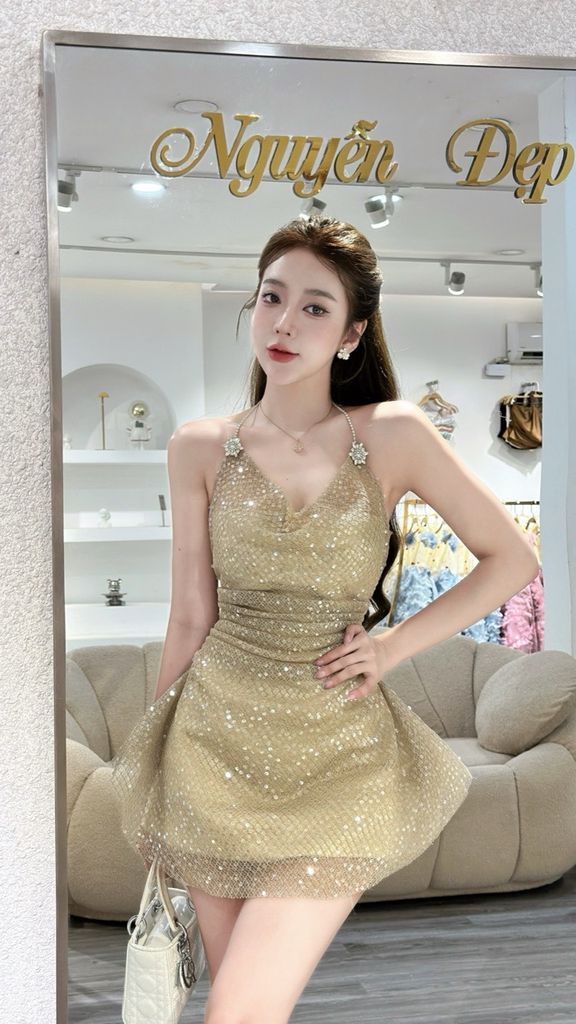 Đầm yếm dây đá phối lưới bling (J32)