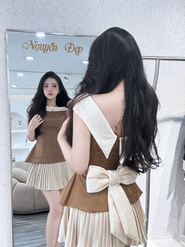 Set áo peplum sát nách cổ tròn - Nơ kim sa phối cv dập li (O17)