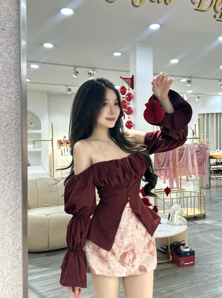 Set áo bẹt vai phối chân váy gấm hoa (P29)