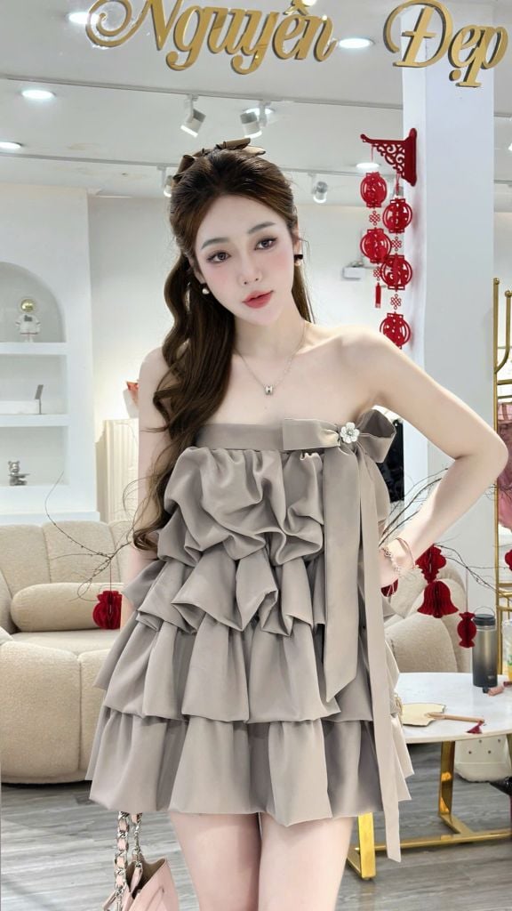 Đầm cúp ngực tầng bèo phối nơ (O69)