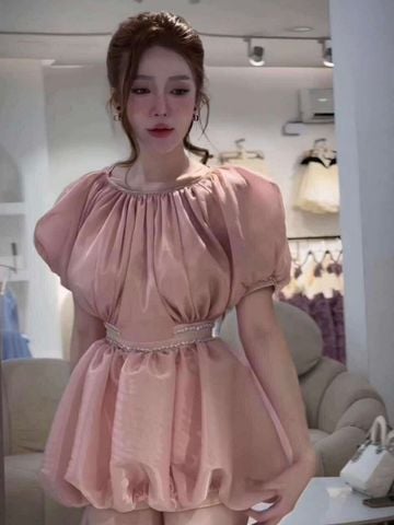 Đầm bồng xoè đính đá tơ óng ánh K08