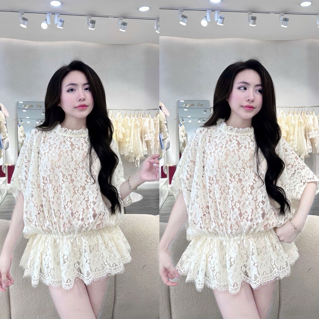 Set 3 chi tiết áo ren tay cánh dơi kèm lót & quần tacta (H59)