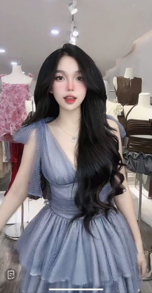 Đầm tầng lưới cổ V dáng xoè ( F54 )