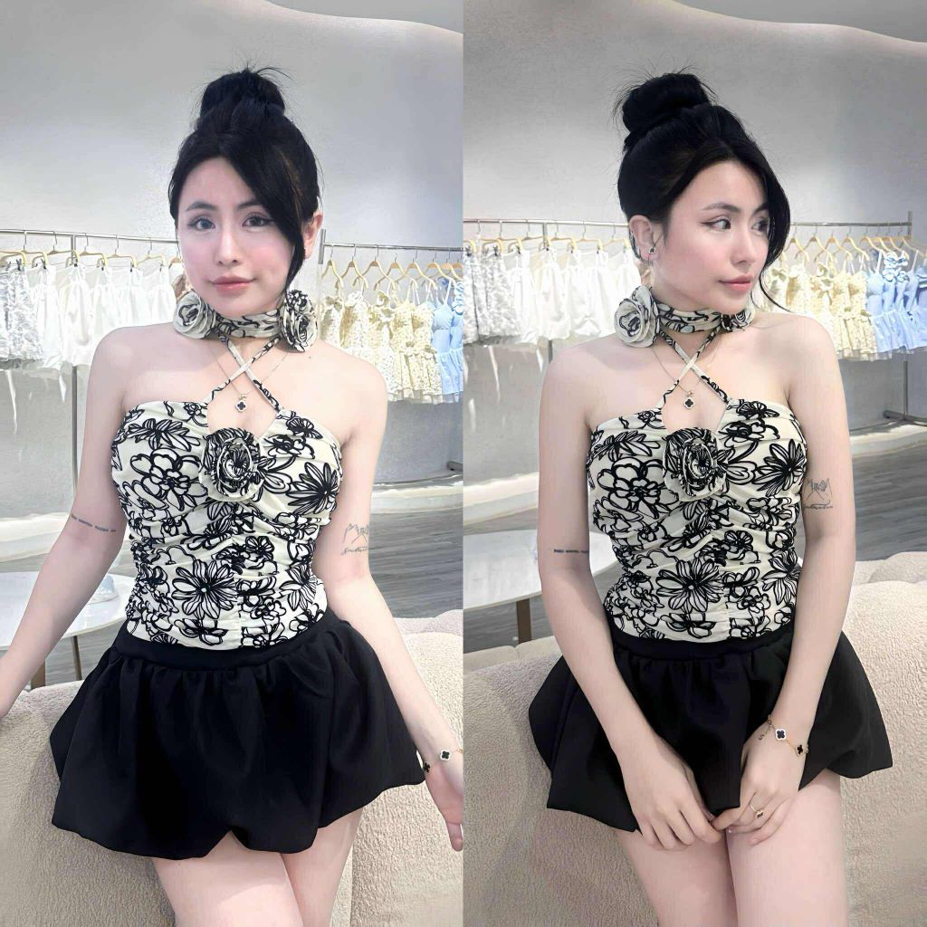 Áo yếm hoạ tiết thun dẻo đính hoa (H02)