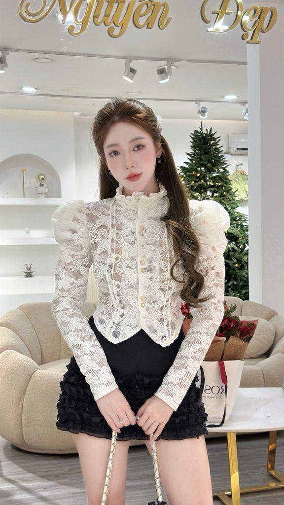 Áo ren hoa nổi dáng chiết eo tay phồng tiểu thư (L22)