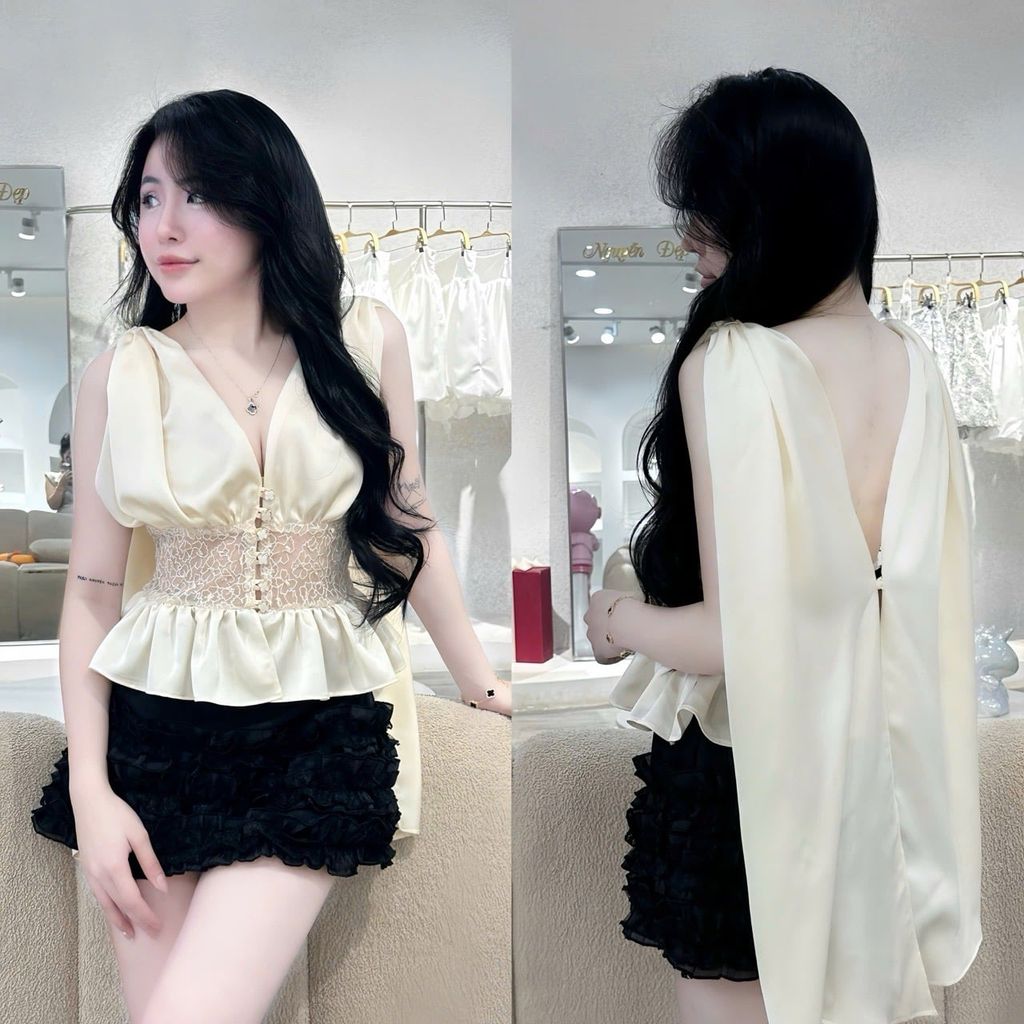 Áo yếm lụa phối ren nút kiểu (J07)