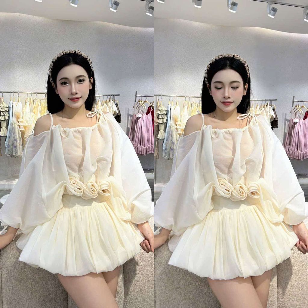 Đầm 2s bẹt vai viền hoa tay bồng (H39)