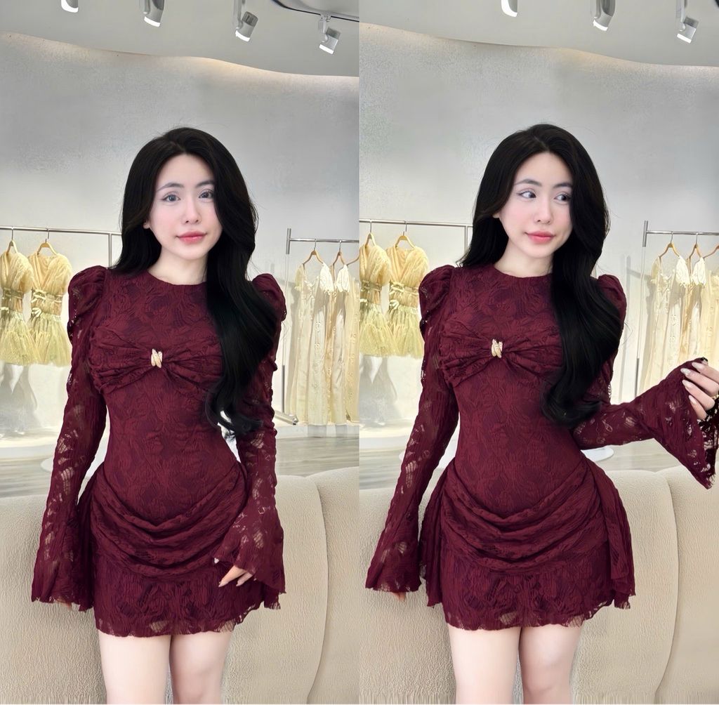 L99_Đầm ren co dãn tay dài tag kiểu tà váy xếp