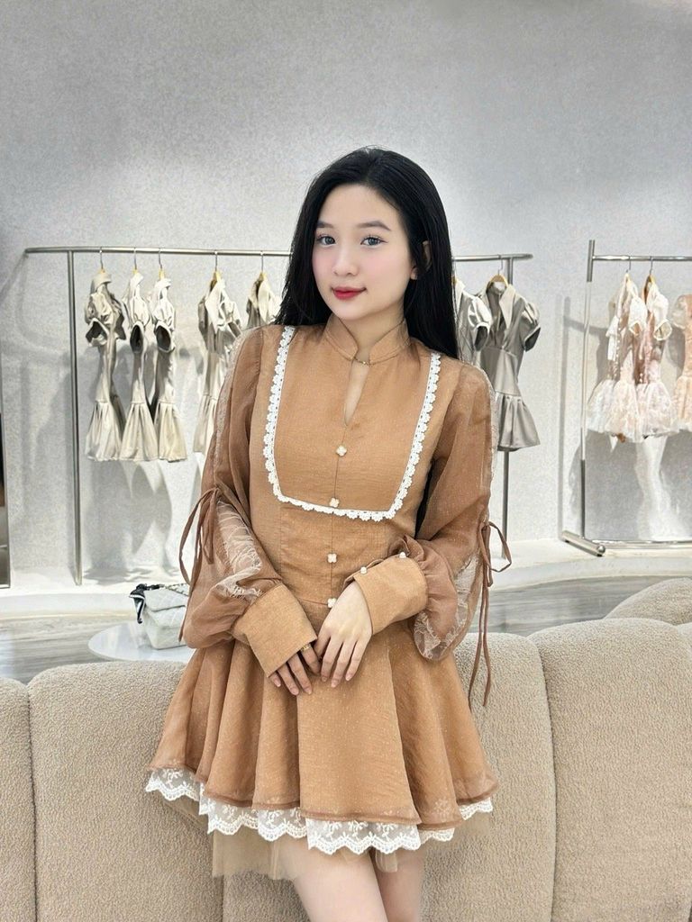 Đầm cổ trụ phối ren tay voan dáng xoè tiểu thư (K60)