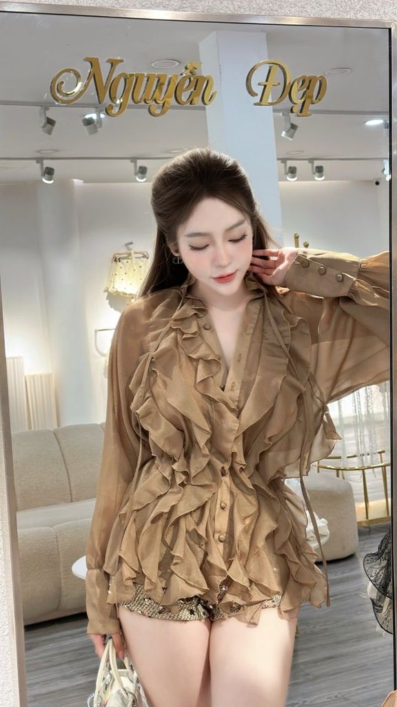 Áo sơ mi bèo nhún voan tơ cao cấp dáng ôm eo tiểu thư (J59)