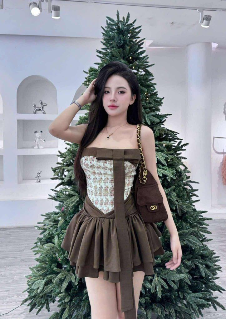 Set áo vải dạ đan đính nơ phối cv tầng xược hàn (L74)