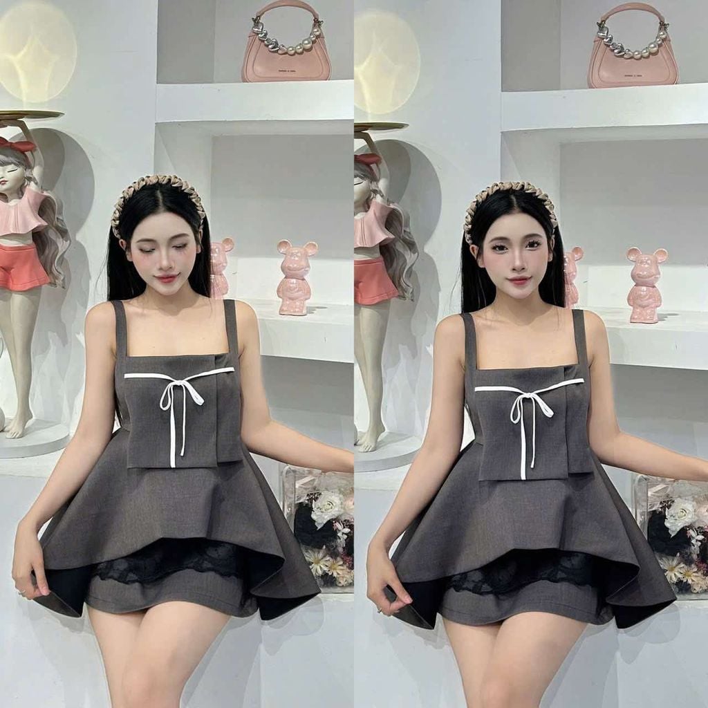 Đầm 2s tầng phối ren & nơ ruy băng (H65)