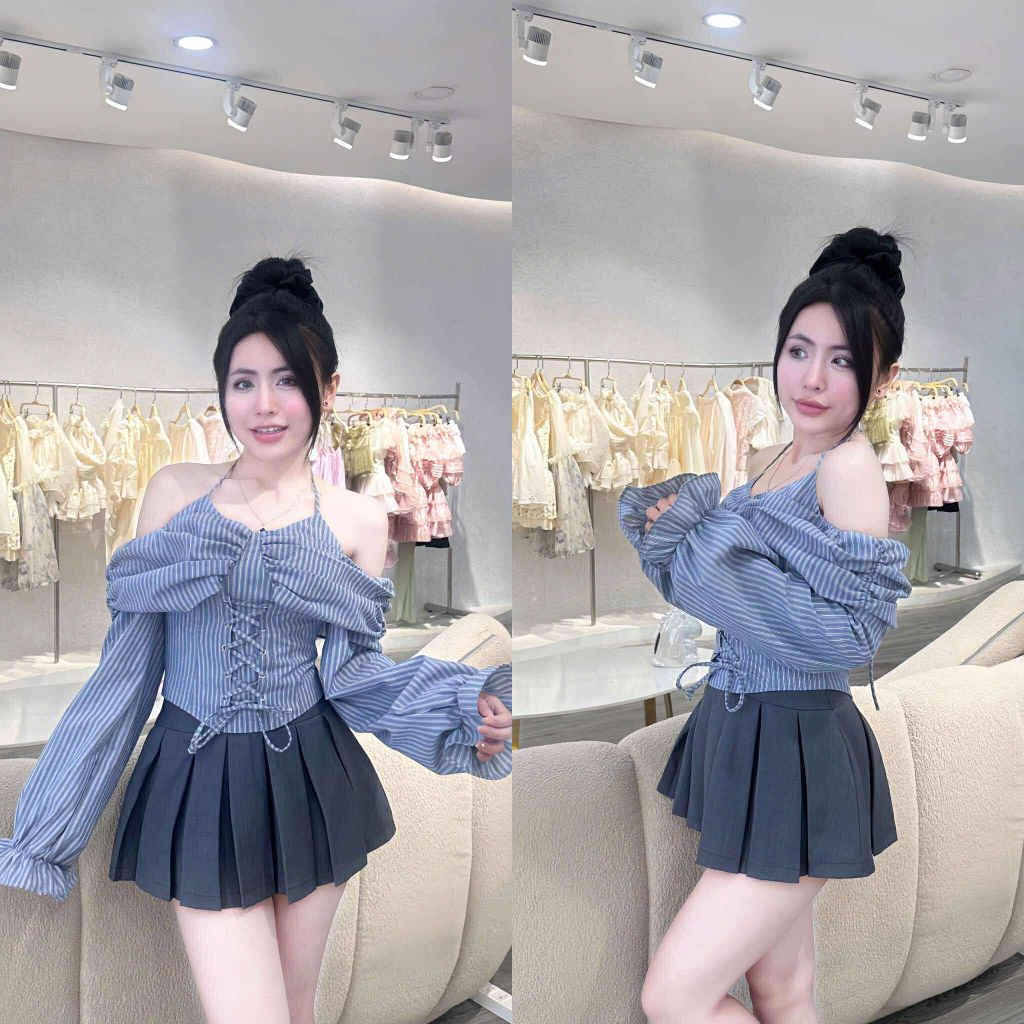 Set Áo yếm nơ bẹt vai thắt dây & cv xếp li(J03)