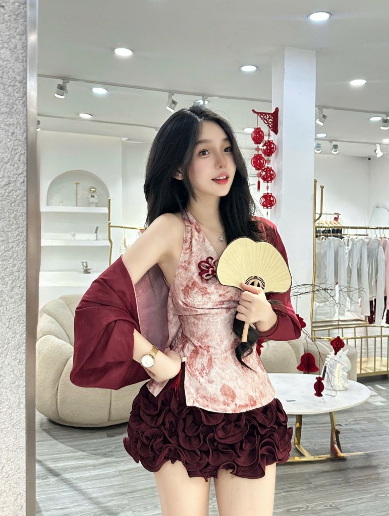 Set áo yếm cổ đổ phối chân váy bèo tầng (P42)