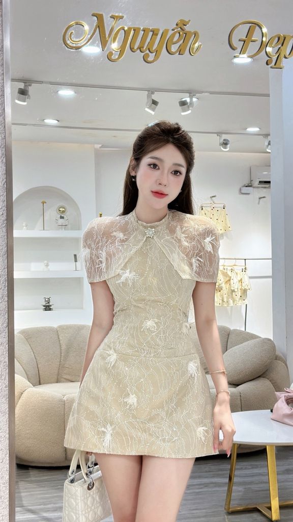 Đầm yếm ren hoạ tiết ren kim sa phối choàng (K48)