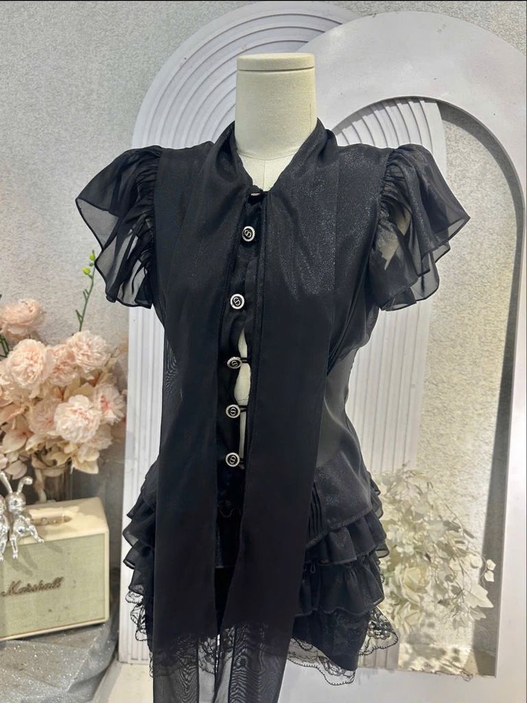 set áo tay bèo viền eo phối cúc (f51)