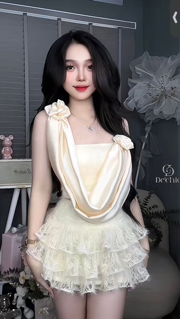 Set áo lụa cổ đổ phối cv tầng ren lông (G10)