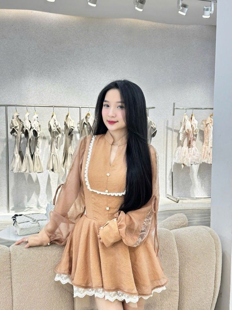 Đầm cổ trụ phối ren tay voan dáng xoè tiểu thư (K60)