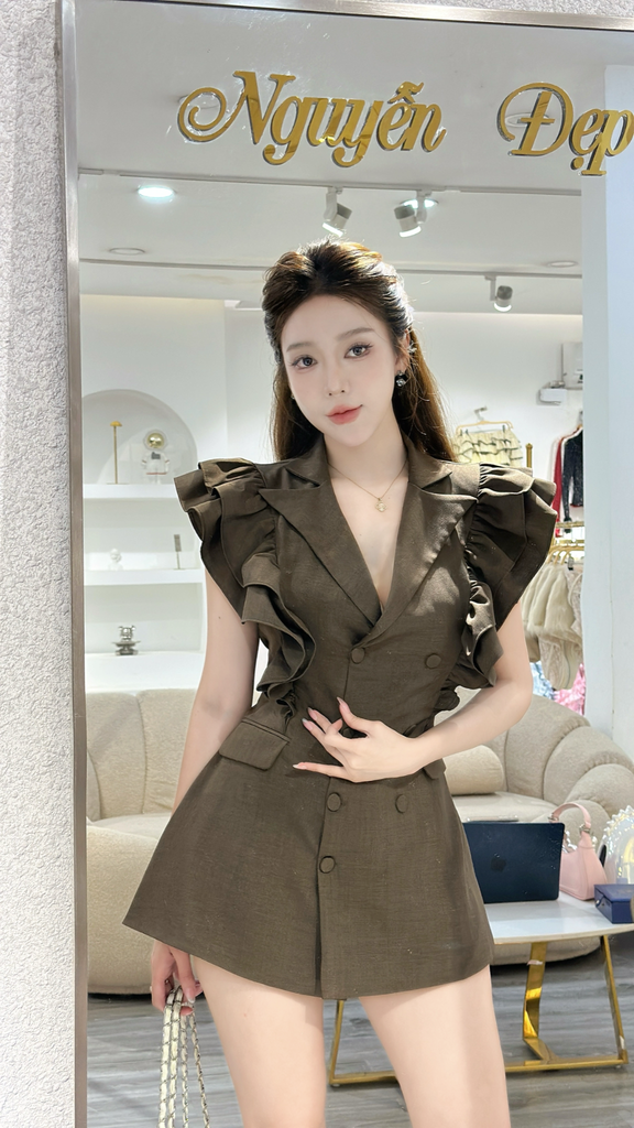 Đầm vest viền bèo vai cúc bọc kèm quần J53