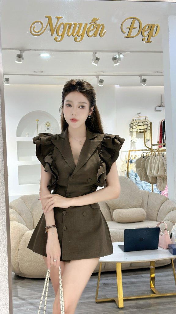 Đầm vest viền bèo vai cúc bọc kèm quần J53