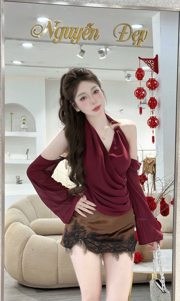 Set áo yếm voan tà dài phối cv lụa hoạ tiết ren (O30)