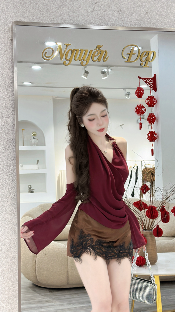 Set áo yếm voan tà dài phối cv lụa hoạ tiết ren (O30)