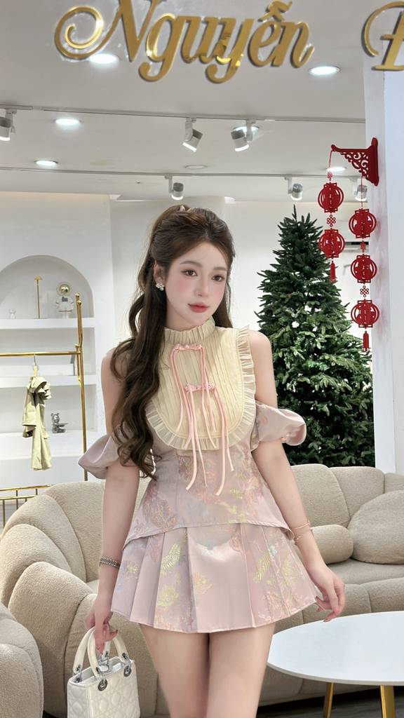 Set yếm bẹt vai ánh kim phối voan (L12)