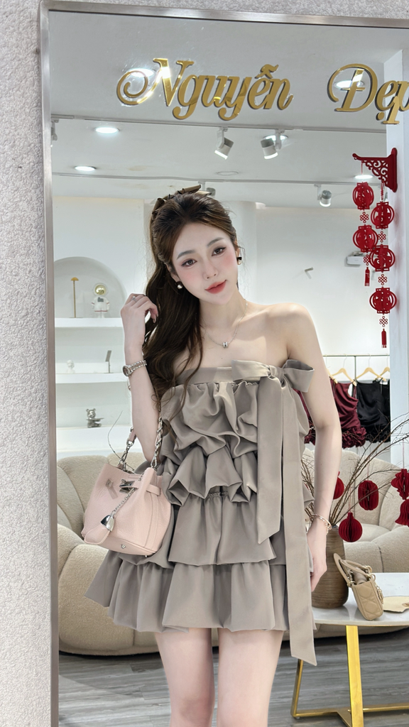 Đầm cúp ngực tầng bèo phối nơ (O69)