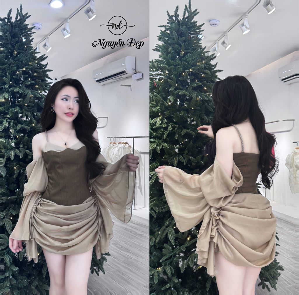 Đầm ôm dây bính tay rớt phối voan nhún (L44)