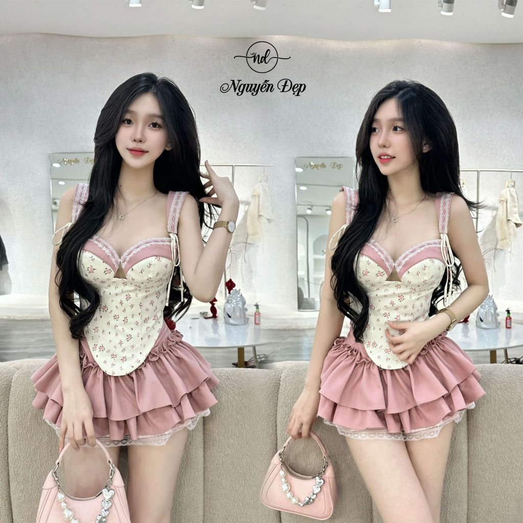 Set Áo Hoa Nhí Phối Chân Váy Tầng Bèo Hồng (P41)