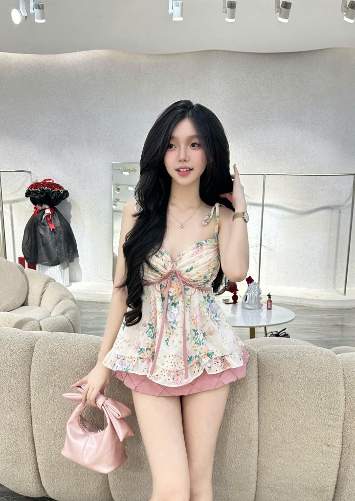Set Áo Hoa Pastel Nhún Ngực Phối Chân Váy (P48)